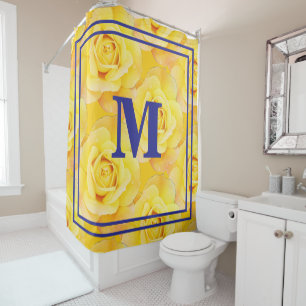 Monograms Yellow Floral Navy Blue Vintage Rustic Shower Curtain