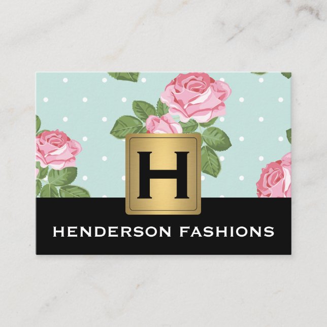 MonogramSilver Metallic / Roses and Polka Dots Business Card (Front)