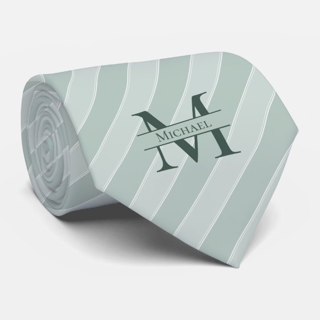 Monogran + Name Sage Green Stripe Neck Tie (Rolled)