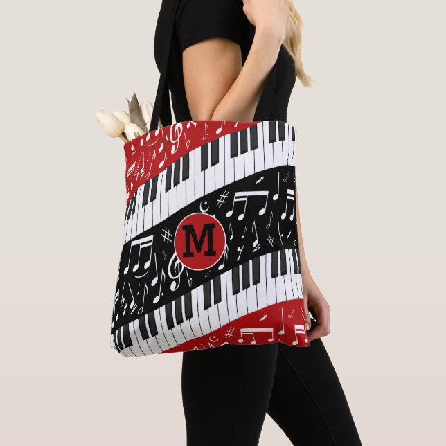 Monogrm Curve piano keys and musical notes Tote Bag (Close Up)
