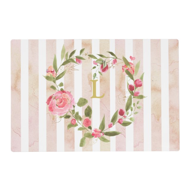 Monogtrammed, pink striped, rose heart wreath pet placemat (Front)