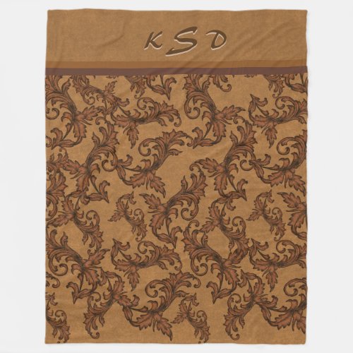 Monorammed Rust and Gold Leafy Swirls Fleece Blanket