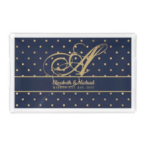 Monorgam Navy Blue Gold Polkadot Newlyweds Wedding Acrylic Tray