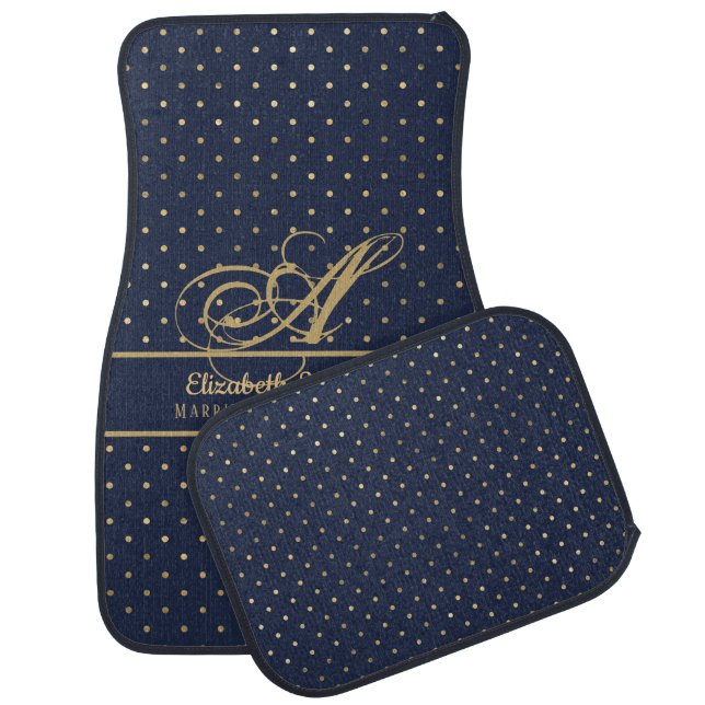 Monorgam Navy Blue Gold Polkadot Newlyweds Wedding Car Floor Mat (Set)