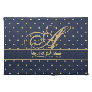 Monorgam Navy Blue Gold Polkadot Newlyweds Wedding Cloth Placemat