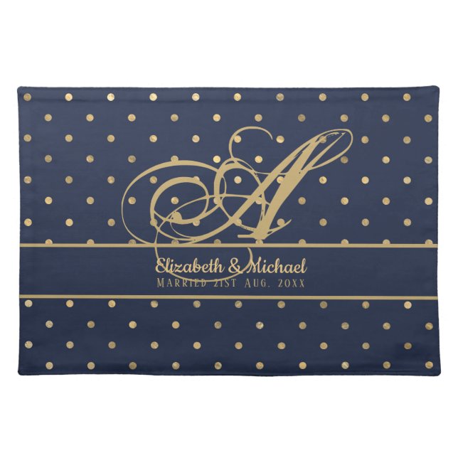 Monorgam Navy Blue Gold Polkadot Newlyweds Wedding Cloth Placemat (Front)