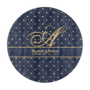Monorgam Navy Blue Gold Polkadot Newlyweds Wedding Cutting Board