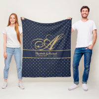 Monorgam Navy Blue Gold Polkadot Newlyweds Wedding Fleece Blanket