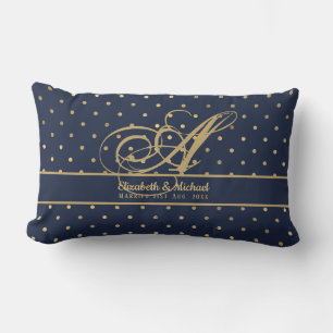 Monorgam Navy Blue Gold Polkadot Newlyweds Wedding Lumbar Pillow