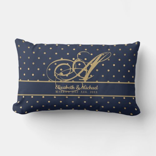 Monorgam Navy Blue Gold Polkadot Newlyweds Wedding Lumbar Pillow