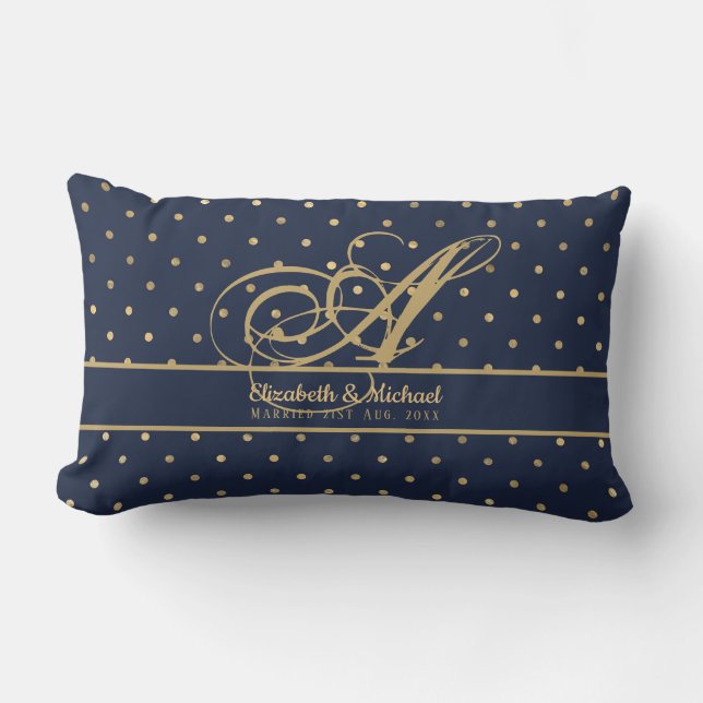 Monorgam Navy Blue Gold Polkadot Newlyweds Wedding Lumbar Pillow (Front)