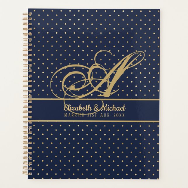 Monorgam Navy Blue Gold Polkadot Newlyweds Wedding Planner (Front)