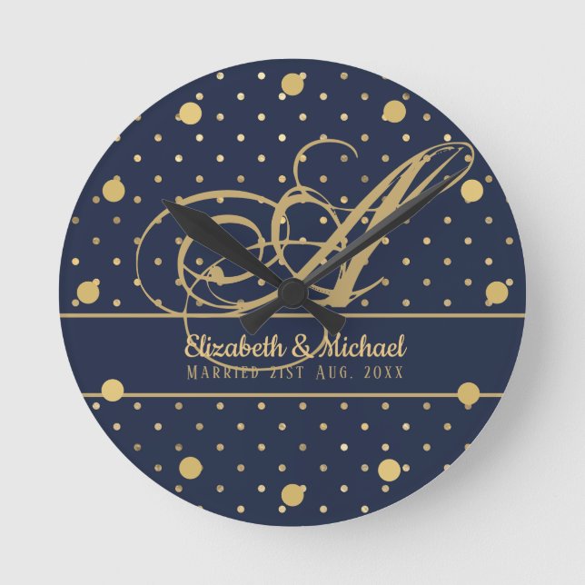 Monorgam Navy Blue Gold Polkadot Newlyweds Wedding Round Clock (Front)