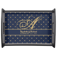 Monorgam Navy Blue Gold Polkadot Newlyweds Wedding Serving Tray