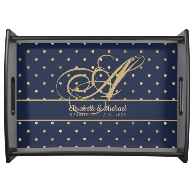 Monorgam Navy Blue Gold Polkadot Newlyweds Wedding Serving Tray (Front)