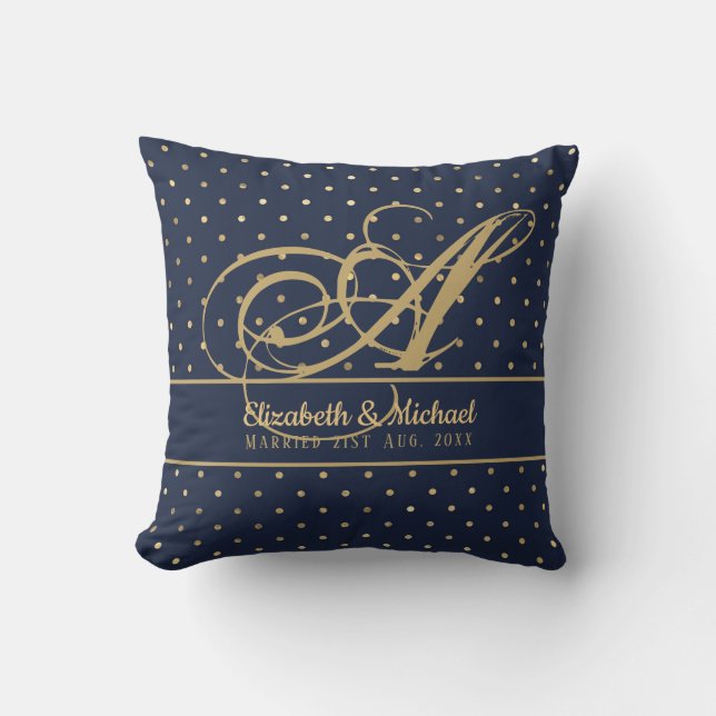 Monorgam Navy Blue Gold Polkadot Newlyweds Wedding Throw Pillow (Front)