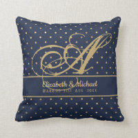 Monorgam Navy Blue Gold Polkadot Newlyweds Wedding Throw Pillow