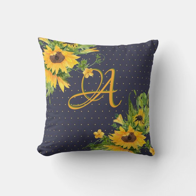 Monorgammed Sunflowers Blue Yellow Decor Modern Throw Pillow (Front)