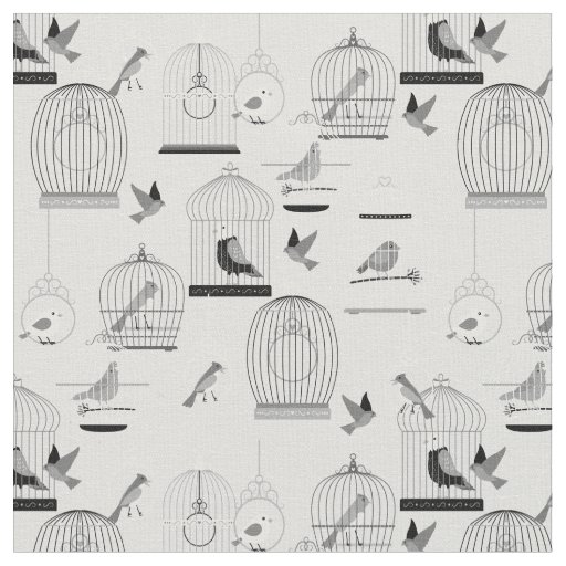 monotone grey aviary birdcage birds fabric