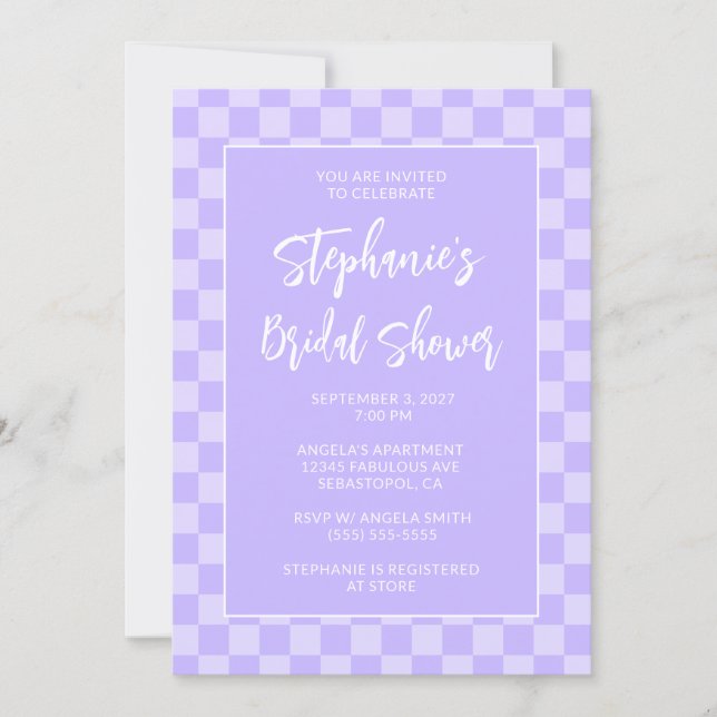 Monotone Lavender Checkered Pattern Bridal Shower Invitation (Front)
