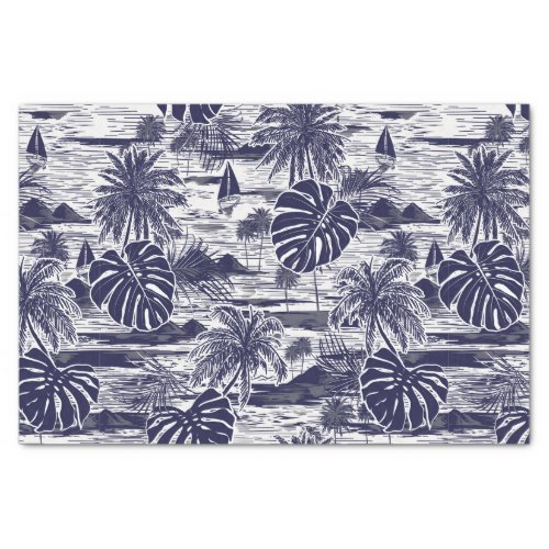 Monotone Navy Blue Tropical Exotic Island Pattern Tissue Paper
