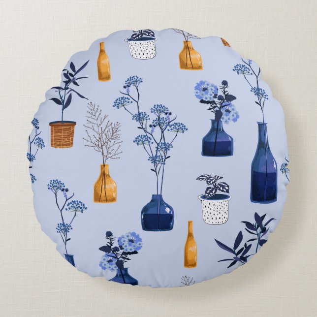 Monotone of modern flowers and vase ,pot  with bot round pillow (Front)