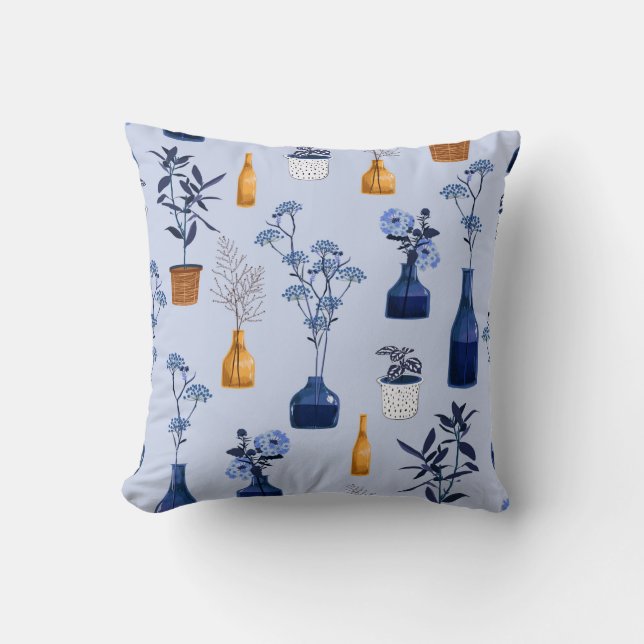 Monotone of modern flowers and vase ,pot  with bot throw pillow (Front)