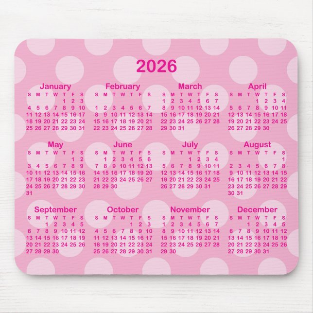 Monotone Polka Dot Hot Pink 2026 Calendar Mouse Pad (Front)