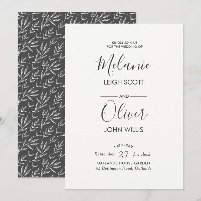 Monotone vintage leaves Wedding invitation (Front/Back)