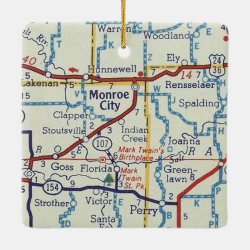 Monroe City MO Vintage Map Ceramic Ornament