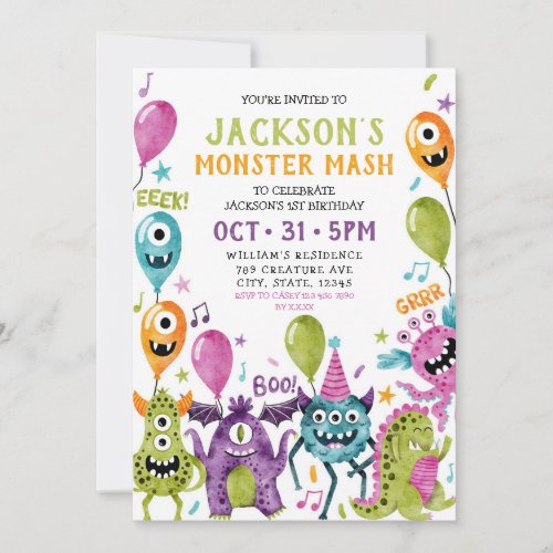 Monster 1st Birthday Boys Halloween Party Invitation