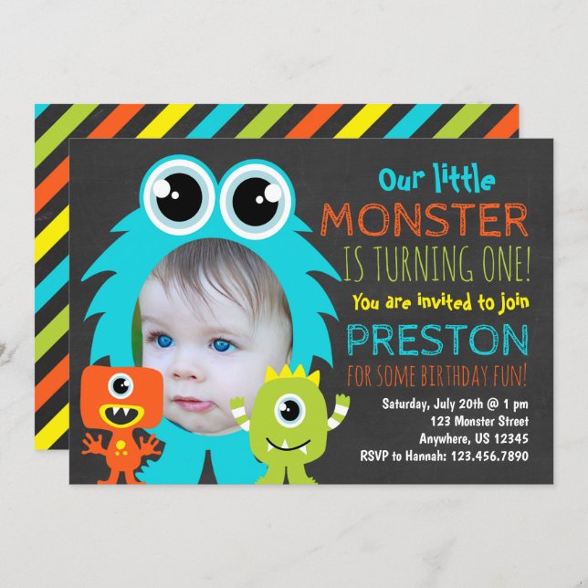 Monster 1st Birthday Invitation with Photo (Front/Back)