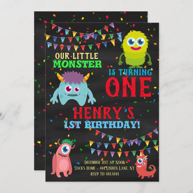 Monster 1st Birthday Party Invitation (Front/Back)