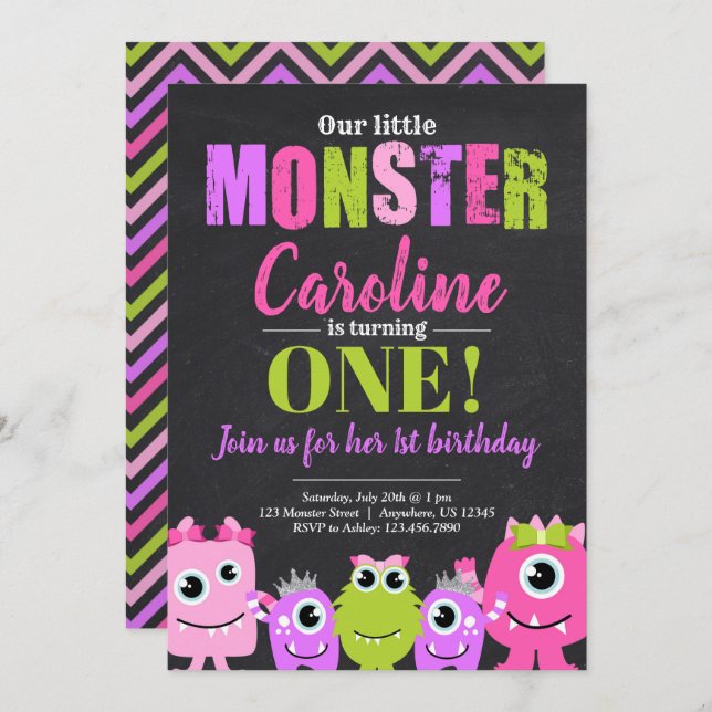 Monster 1st Birthday Party Invitation for Girl (Front/Back)