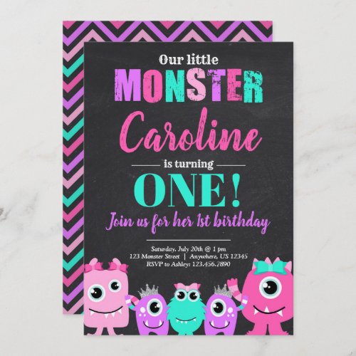 Monster 1st Birthday Party Invitation for Girl