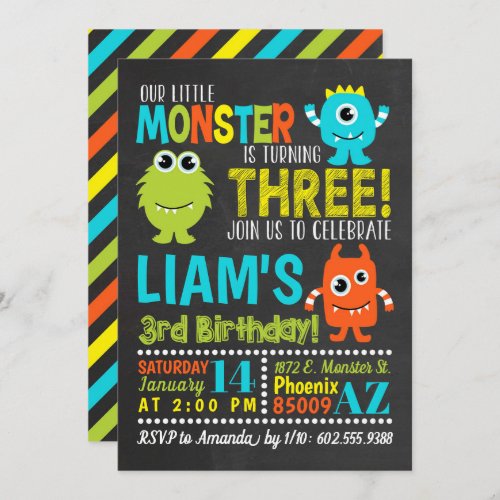 Monster 3rd Birthday Party Invitation
