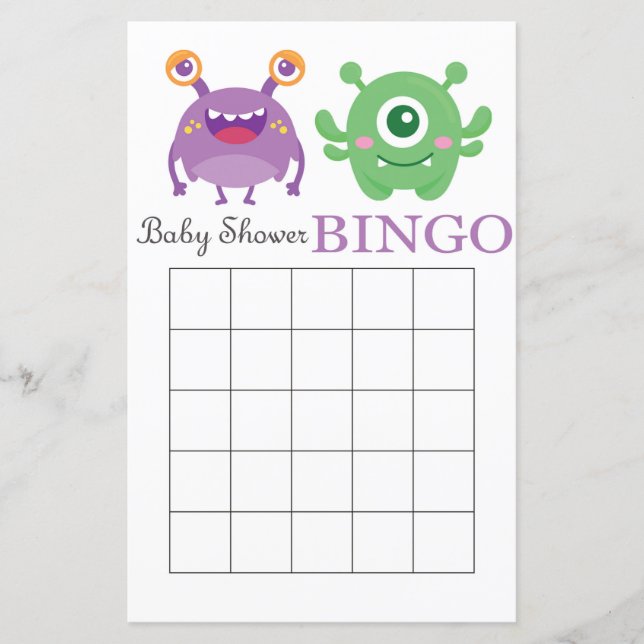 Monster baby shower bingo card (Front)