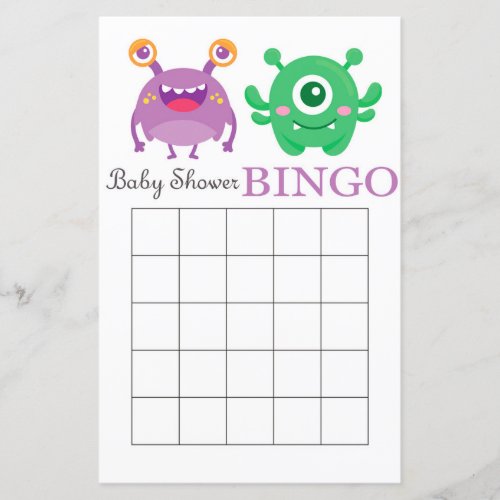 Monster baby shower bingo card