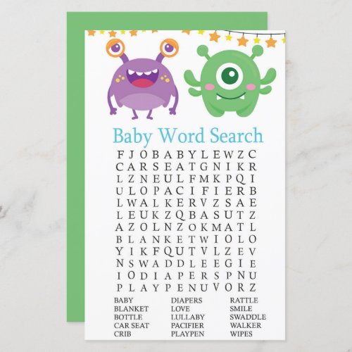 Monster Baby Shower Word Search Game