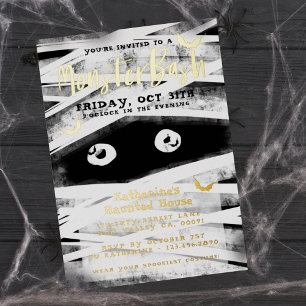 Monster Bash Black & White Mummy Halloween Party Foil Invitation
