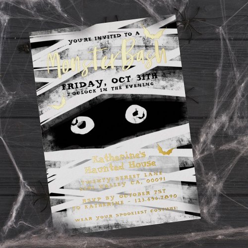 Monster Bash  Black  White Mummy Halloween Party Foil Invitation