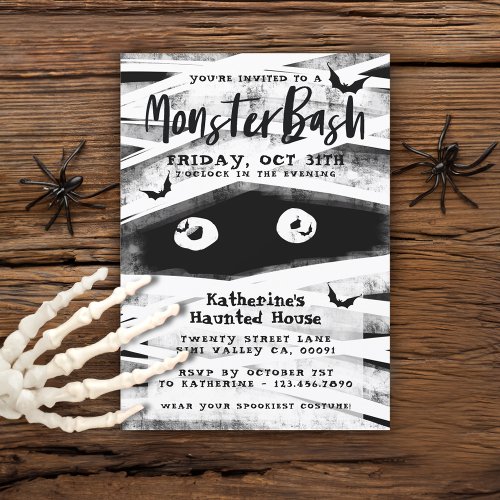 Monster Bash  Black  White Mummy Halloween Party Invitation