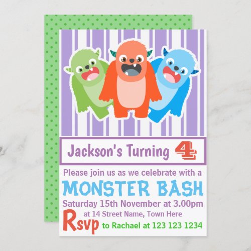 Monster Bash Colorful Fun Custom Kids Birthday Invitation