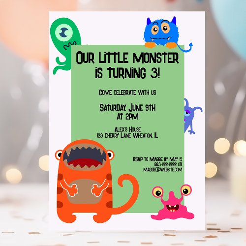 Monster Bash Cute Kids Birthday Party Invitation