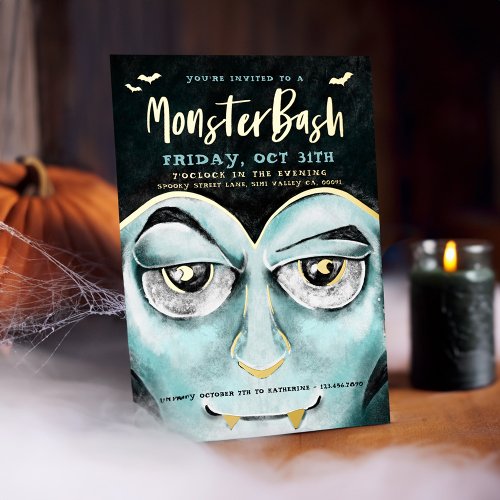 Monster Bash Fun Spooky Vampire Halloween Party Foil Invitation