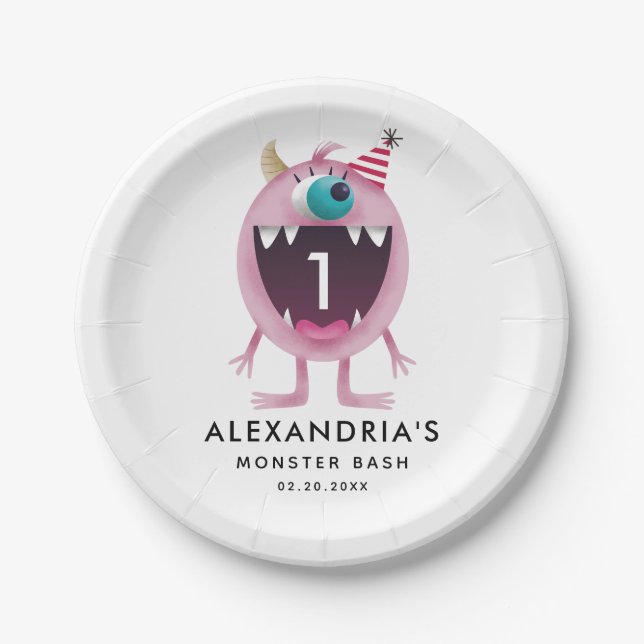 Monster Bash Kids Birthday Party Pink Paper Plates (Front)