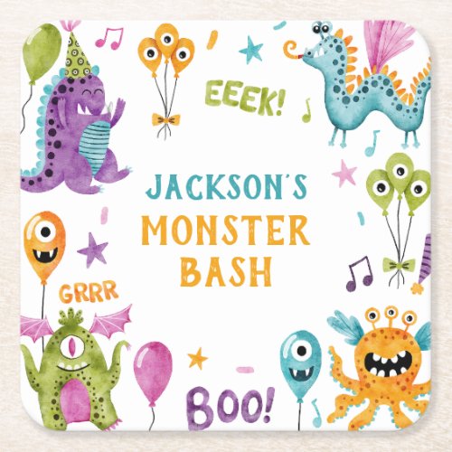 Monster Bash Little Monster Birthday Party Square Paper Coaster