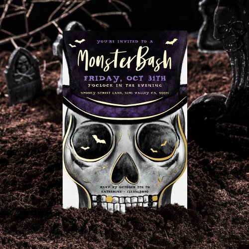 Monster Bash Spooky Skeleton Halloween Party Foil Invitation