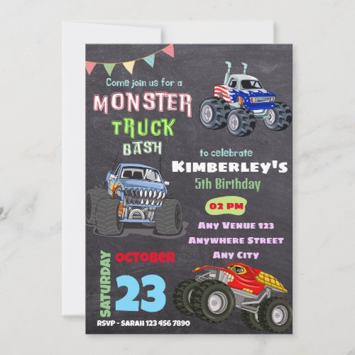 Monster Bash Truck Theme Kids Birthday Part  Invitation