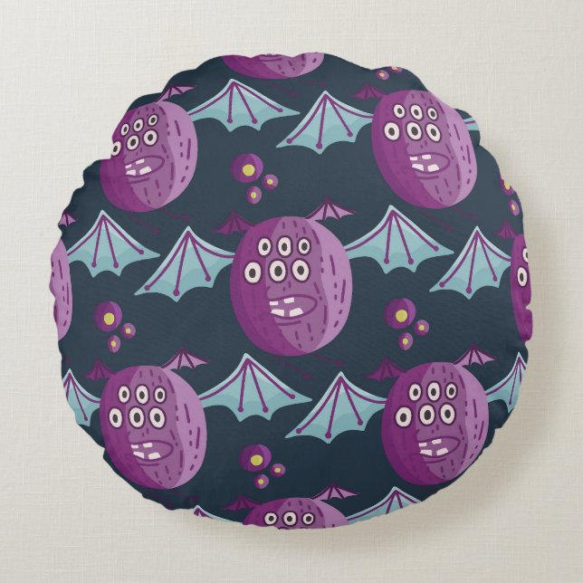 Monster Bats: Cute Cartoon Vintage Round Pillow (Front)